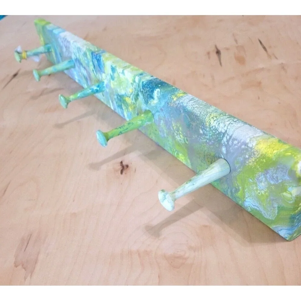 Hand Painted Fluid Art Wooden Wall Rack 5 Peg Hook Green‎ Teal Marbled Entryway